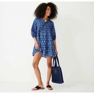 J Crew Blue Cotton Block Print Shift Mini Dress Large